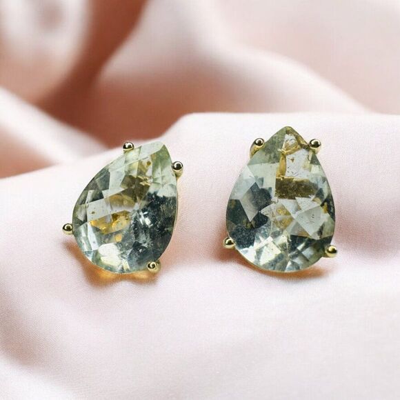 VINTAGE- 10k Gold -Prasiolite Earrings -3cttw- Pear Cut -August Birthstone -1.2g - Picture 2 of 16